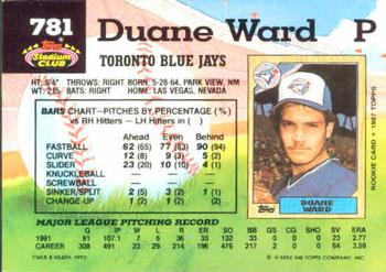1992 Stadium Club #781 Duane Ward Back
