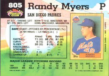 1992 Stadium Club #805 Randy Myers Back
