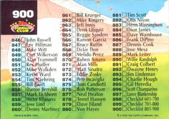 1992 Stadium Club #900 Checklist: 801-900 Back