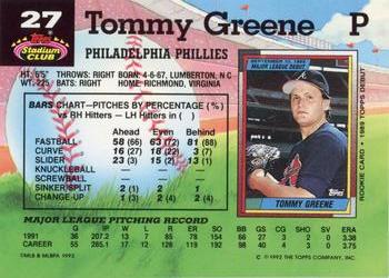 1992 Stadium Club #27 Tommy Greene Back