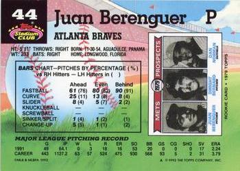 1992 Stadium Club #44 Juan Berenguer Back