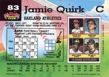 1992 Stadium Club #83 Jamie Quirk Back