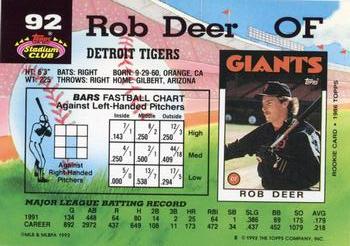 1992 Stadium Club #92 Rob Deer Back