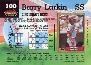 1992 Stadium Club #100 Barry Larkin Back