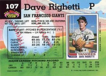 1992 Stadium Club #107 Dave Righetti Back