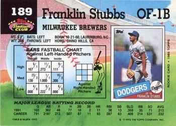1992 Stadium Club #189 Franklin Stubbs Back