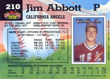 1992 Stadium Club #210 Jim Abbott Back