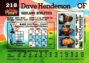 1992 Stadium Club #218 Dave Henderson Back