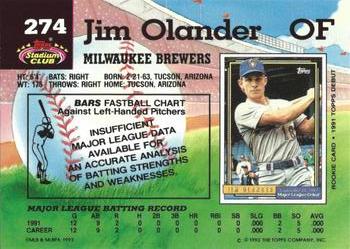 1992 Stadium Club #274 Jim Olander Back