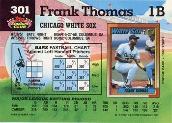 1992 Stadium Club #301 Frank Thomas Back