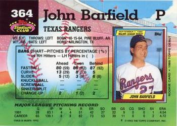 1992 Stadium Club #364 John Barfield Back