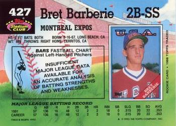 1992 Stadium Club #427 Bret Barberie Back