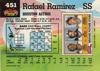 1992 Stadium Club #451 Rafael Ramirez Back