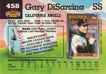 1992 Stadium Club #458 Gary DiSarcina Back
