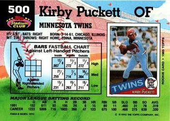 1992 Stadium Club #500 Kirby Puckett Back