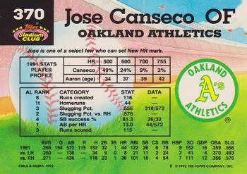 1992 Stadium Club #370 Jose Canseco Back