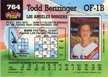 1992 Stadium Club #764 Todd Benzinger Back