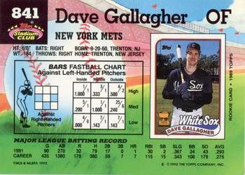 1992 Stadium Club #841 Dave Gallagher Back