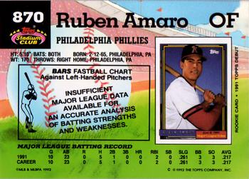 1992 Stadium Club #870 Ruben Amaro Back