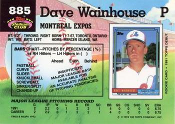 1992 Stadium Club #885 Dave Wainhouse Back