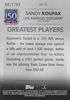 2019 Topps - 150 Years of Professional Baseball - Greatest Players Black #GP-10 Sandy Koufax Back