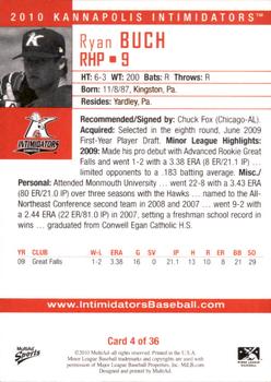 2010 MultiAd Kannapolis Intimidators #4 Ryan Buch Back