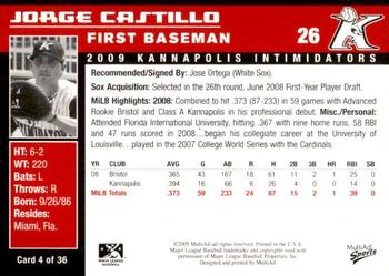 2009 MultiAd Kannapolis Intimidators #4 Jorge Castillo Back