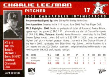 2009 MultiAd Kannapolis Intimidators #20 Charlie Leesman Back