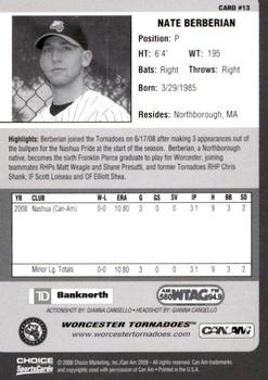 2008 Choice Worcester Tornadoes #13 Nate Berberian Back