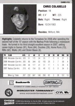 2008 Choice Worcester Tornadoes #15 Chris Colabello Back
