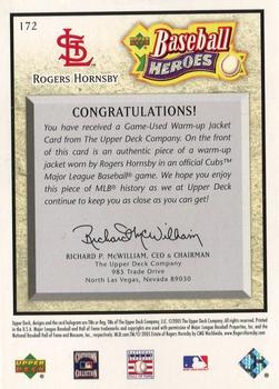 2005 Upper Deck Baseball Heroes - Memorabilia #172 Rogers Hornsby Back