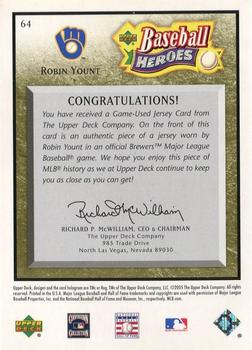 2005 Upper Deck Baseball Heroes - Memorabilia Bronze #64 Robin Yount Back