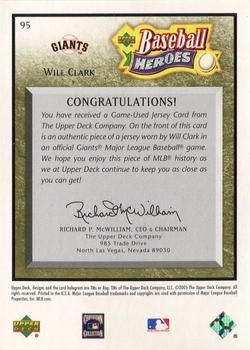 2005 Upper Deck Baseball Heroes - Memorabilia Bronze #95 Will Clark Giants Back