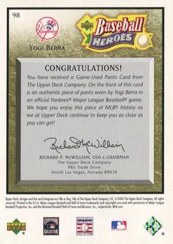 2005 Upper Deck Baseball Heroes - Memorabilia Bronze #98 Yogi Berra Back