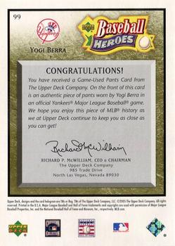 2005 Upper Deck Baseball Heroes - Memorabilia Bronze #99 Yogi Berra Back