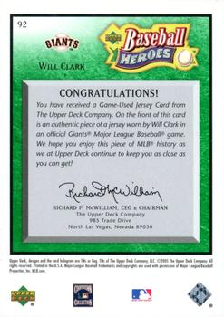 2005 Upper Deck Baseball Heroes - Memorabilia Emerald #92 Will Clark Back