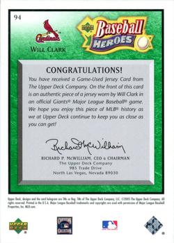 2005 Upper Deck Baseball Heroes - Memorabilia Emerald #94 Will Clark Back