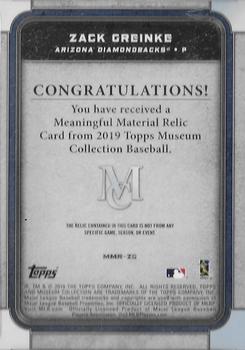 2019 Topps Museum Collection - Meaningful Material Relics #MMR-ZG Zack Greinke Back