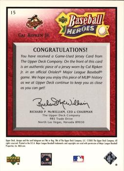 2005 Upper Deck Baseball Heroes - Memorabilia Red #15 Cal Ripken Jr. Back