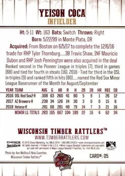 2019 Choice Wisconsin Timber Rattlers #5 Yeison Coca Back