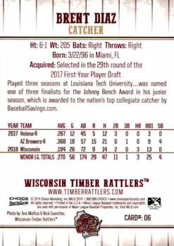 2019 Choice Wisconsin Timber Rattlers #6 Brent Diaz Back