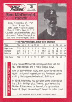 1990 Rochester Red Wings #3 Ben McDonald Back