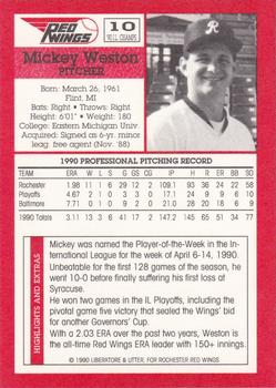 1990 Rochester Red Wings #10 Mickey Weston Back