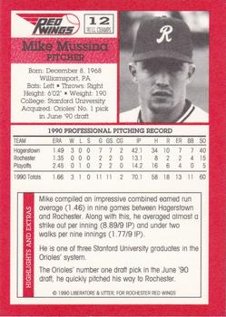 1990 Rochester Red Wings #12 Mike Mussina Back