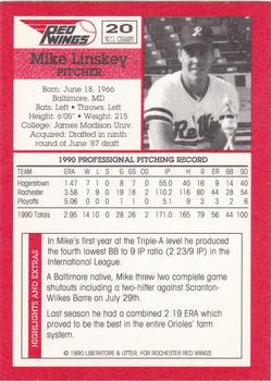 1990 Rochester Red Wings #20 Mike Linskey Back