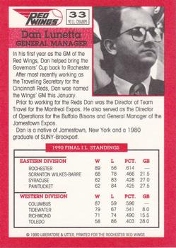 1990 Rochester Red Wings #33 Dan Lunetta Back