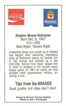 1982 Atlanta PAL Coca-Cola Atlanta Braves #NNO Steve Bedrosian Back