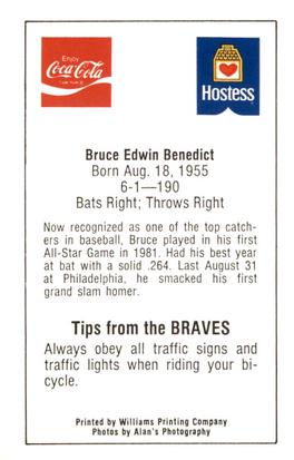 1982 Atlanta PAL Coca-Cola Atlanta Braves #NNO Bruce Benedict Back