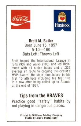 1982 Atlanta PAL Coca-Cola Atlanta Braves #NNO Brett Butler Back