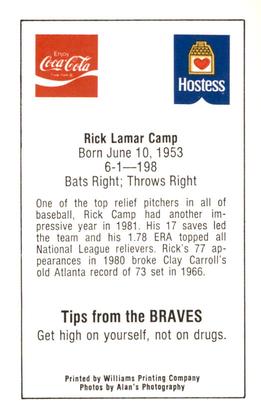 1982 Atlanta PAL Coca-Cola Atlanta Braves #NNO Rick Camp Back